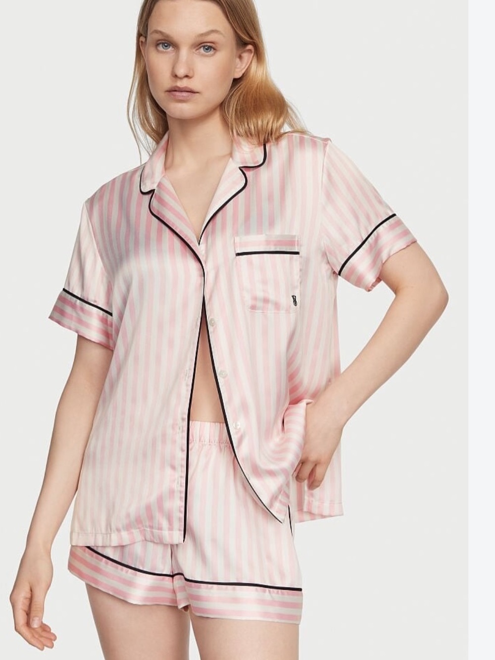 Victoria's Secret Pink Striped Satin Short Sleep Set with Contrast Trim
